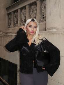 salliqueen 女士纯色长袖休闲浪漫性感蕾丝衬衫 - 黑色 - 查看 6