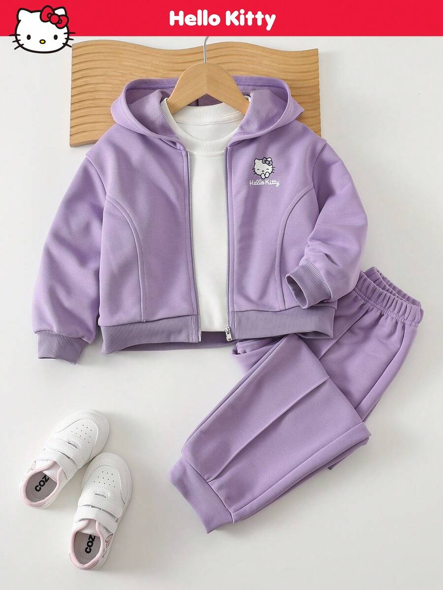 HELLO KITTY AND FRIENDS | SHEIN 女童卡通图案宽松连帽卫衣和运动裤套装 - 淡紫色 - 查看 1
