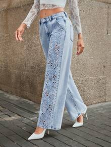 Selenza Jeans de mezclilla rectos de color claro lavados, versátiles y con bordado hueco para mujer - Lavado ligero - Ver 3