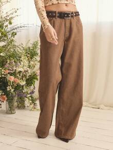 Aralina Fall / Winter Low Rise Low Slung Baggy Wide Leg Brown Jeans, Cute Elegant Going Out Jeans For Women And Party New Years Eve, Country Style Pants, Brown Denim Jeans Thanksgiving Brown Trousers