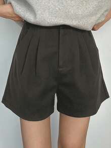 FRIFUL 女士黑色纯色褶裥休闲百搭短裤，秋冬款 - 灰色 - 查看 3