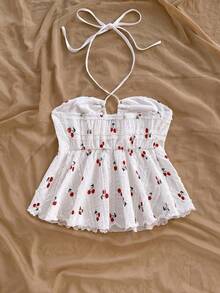 Soleia Áo ba lỗ dây mảnh họa tiết quả anh đào dễ thương cho kỳ nghỉ - trắng - Xem 2