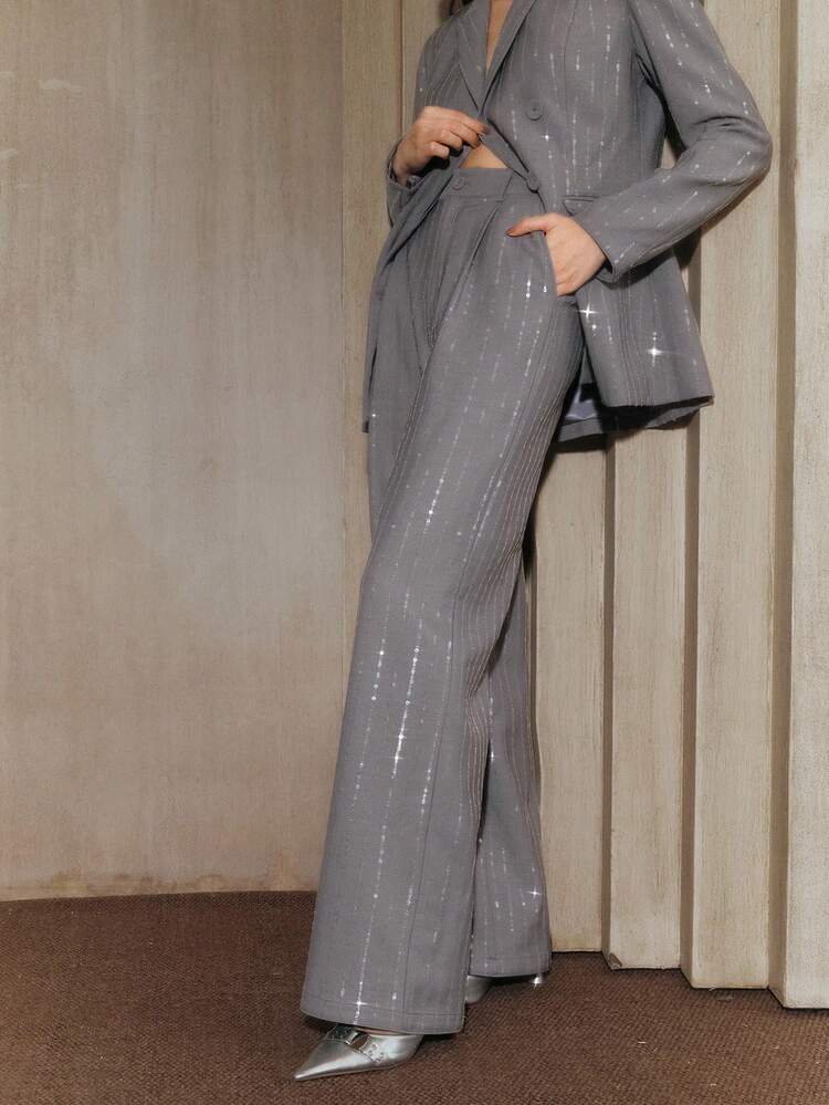 Women's Elegant High-End Gray Fashion Chic Design Luxury Gold Striped Wide-Leg Pants, Suitable For Formal, Party, Work, Graduation, Wedding, Red Carpet