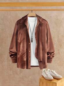 Manfinity NXTstreet 男士休闲百搭纯色丝绒衬衫，秋季红白配色，长袖上衣 - 棕色 - 查看 3