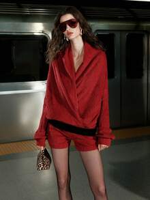 Airlisse Damen Herbst/Winter Crop Hoodie & Shorts Set mit tiefer Taille 2 Stücke, sexy, geeignet für Abschluss, Schulanfang, Lässig, Pendeln, Alltag - Bordeaux - Übersicht 5