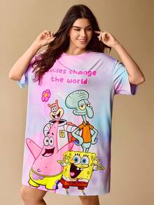 SpongeBob SquarePants | SHEIN 大码渐变字母卡通图案短袖睡衣，哞哞睡裙 - 彩色 - 查看 3