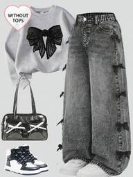 SHEIN Sparklyn Girls & Teens Y2K Streetwear Casual Distressed Asymmetrical Waist Soft Comfortable Light Wash Blue Jeans, Versatile All-Match Everyday Wear, Spring/Summer 2025 New Arrival Jeans With Bows Grey Jeans Bow Jeans Grey Grey Baggy Jeans Bows On Clothes