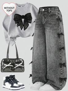 SHEIN Sparklyn Girls & Teens Y2K Streetwear Casual Distressed Asymmetrical Waist Soft Comfortable Light Wash Blue Jeans, Versatile All-Match Everyday Wear, Spring/Summer 2025 New Arrival Jeans With Bows Grey Jeans Bow Jeans Grey Grey Baggy Jeans Bows On Clothes