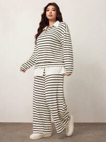Enliva Plus Size Women Contrast Stripe Pullover Sweatshirt And Elastic Waist Pants Set, Compatible With Apple Rounded Body Shape/2026 /New Year - Multicolor - View 4