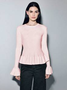 Lumivelle Sweater Pullover Pas Badan Lengan Lebar Warna Aprikot, Sweater Pink Musim Gugur/Dingin Lengan Lonceng Atasan Berkerut Pink - Berwarna merah muda - View 5