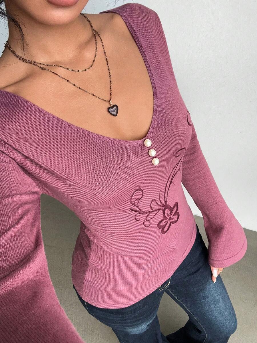 Jeanoix Women's Elegant Floral Embroidery Bell Sleeve Knit Top - Red Violet - View 1