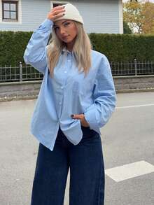 Jeta Ari 女式春夏纯色休闲长袖衬衫，秋装 - 藍色 - 查看 5