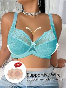 DesireSculpt Plus Size Lace Patchwork Bra With Underwire And Bow Decor, 1pc Lift Lingerie Bra - Blue - View 4
