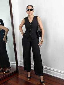 Melissa Matos Women Elegant Fashion Commuter Leisure Sleeveless V-Neck Cinched Cinched Waist Back Vest & Straight Leg Solid Suit Set - Black - View 6