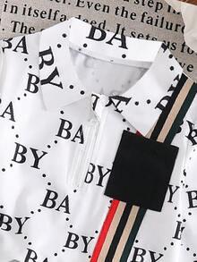 2pcs Baby Boys' Casual Daily Fashion Letter All-Over Print Polo Collar Half-Zip Long Sleeve T-Shirt And Straight Leg Pants Set, Suitable For Outings And Home Wear In Autumn/Winter - Multicolor - View 5