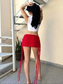Vassilux 2025 Summer New Ibiza Bohemian Boho Women's Clothing, Music Festival, Western Style, Nomadic Style, Party, Pool, Sexy Resort Wear, Cruise Travel, Beach, Sunbathe, Viral Fashionable Vacation, Sweet Sexy Red Crochet Fringed Mini Skirt (Can Be Paired) In Fall/Winter - Red - View 2