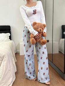 SHEIN Cute Bear Lace Decor Fitted Long Sleeve Top And Loose Comfortable Pants Women Pajama Set Teddy Bear Pajama Set Pajama Sets For Women, Fall & Winter Clothes - White - View 6