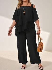 Momelise 大码女式纯色网眼袖口和不对称肩部上衣和裤子 2 件套 - 黑色 - 查看 1