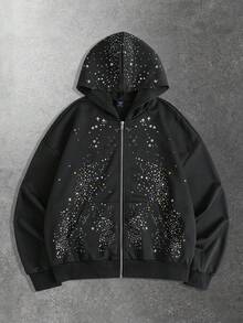 ROMWE MEN Street Life Men's Casual Fashion Street Rhinestone Print Zip-Up Hoodie Sweatshirt, Spring/Autumn, Long Sleeve Top - Black - View 1