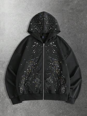 Street Life Sudadera con capucha con cremallera y estampado de strass de moda casual para hombre, primavera/otoño
