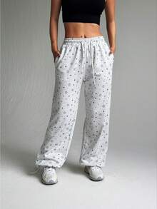 Dewbera Women's Casual Star Print Drawstring Waist Sports Pants Comfy Pants Lounge Pants Star Pattern Pants Wide Leg Sweatpants Star Print Pants - Grey - View 5