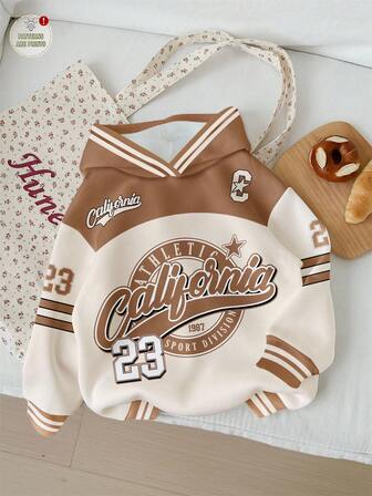 Slaydiva Plus Size Women Casual Retro Letter & Number Badge Graphic Loose Fit Crew Neck Comfortable Knit Long Sleeve Sweatshirt, Suitable For Autumn/Winter