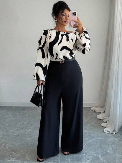 SHEIN PETITE CURVE Damjumpsuit med tryck och lappmönster i midjan, vida ben, elegant silhuett för daglig pendling och mångsidigt bruk