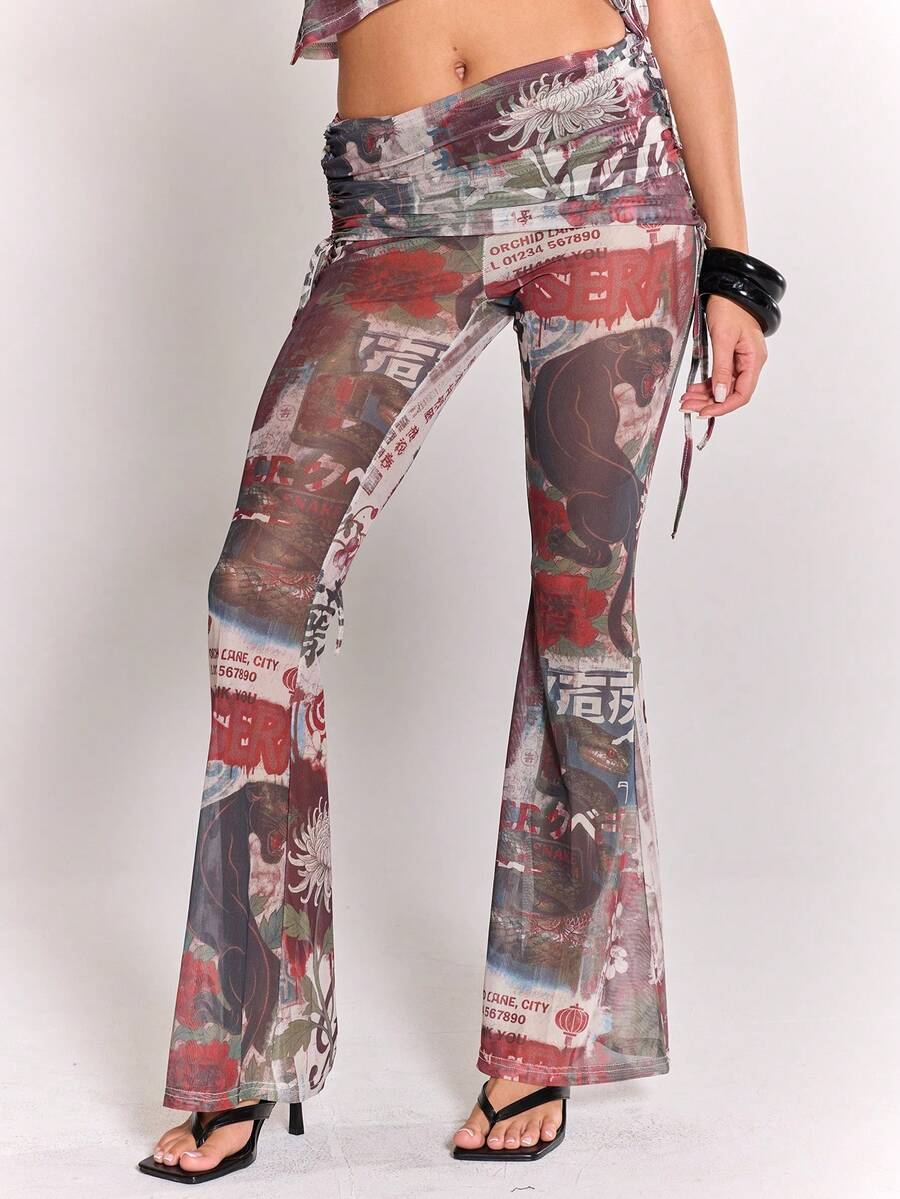 MUSERA Quần ống loe ôm sát, phối lưới da rắn, thiết kế bất đối xứng, cắt xẻ eo, xếp ly hai bên, kiểu dáng cá tính, thích hợp cho nữ mùa thu, đi chơi, dự tiệc, mùa hè hoặc mặc thường ngày. - Nhiều màu - Xem 1
