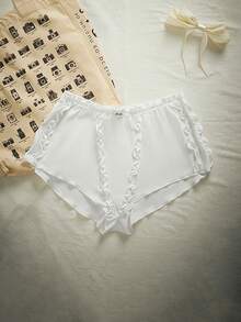 Lowkey Lull 1条白色荷叶边柔软舒适大码内裤，适合居家、日常穿着、度假，打造IG风格休闲Y2K秋季睡衣风，轻松舒适