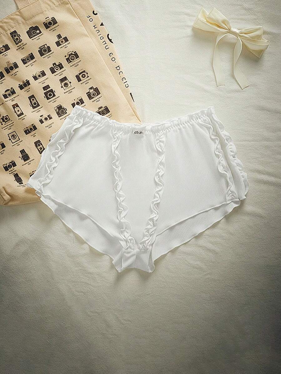 Lowkey Lull 1条白色荷叶边柔软舒适大码内裤，适合居家、日常穿着、度假，打造IG风格休闲Y2K秋季睡衣风，轻松舒适