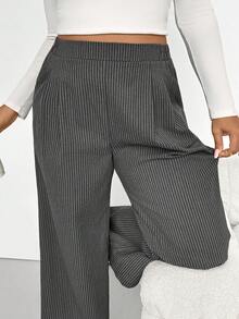 SHEIN Essnce Plus-Size Women's Fashionable Casual Gray Striped Elastic Waistband Wide-Leg Pants,Baggy Bottom,White Sequence,Autumn,Smart Casual,Office,Comfortable - Grey - View 1