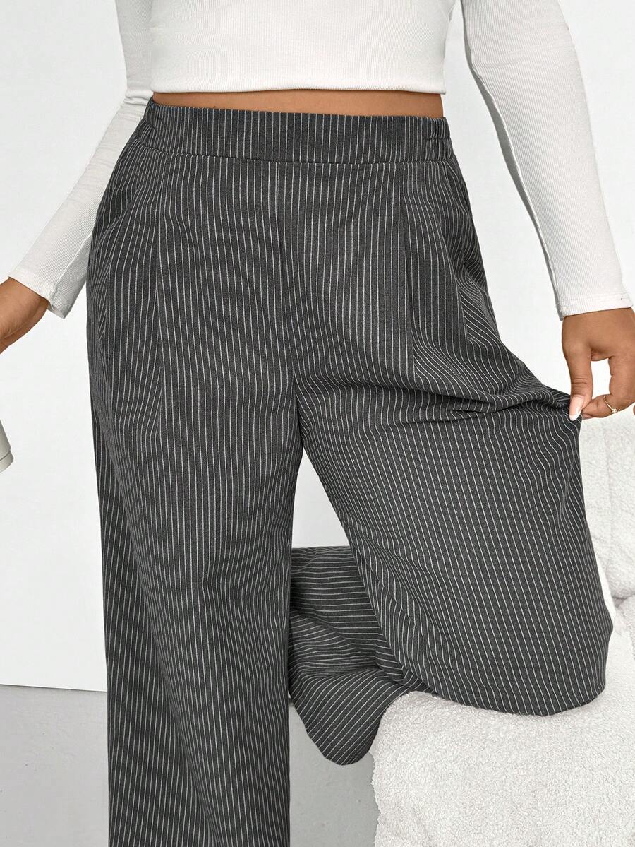 SHEIN Essnce Plus-Size Women's Fashionable Casual Gray Striped Elastic Waistband Wide-Leg Pants,Baggy Bottom,White Sequence,Autumn,Smart Casual,Office,Comfortable - Grey - View 1