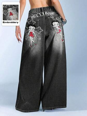 Betty Boop | ROMWE Jeans de pierna ancha lavados con bordado de cruz y figura para tallas grandes