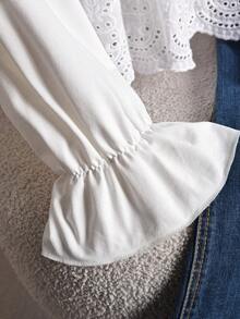 CosyJoli Plus Size Women's Solid Color Round Neck Long Sleeve Contrast Lace Ruffle Hem Loose T-Shirt - White - View 4