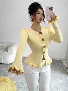 SHEIN Elenzya 女士复古蕾丝腰部装饰优雅时尚开衫毛衣 - 黃色 - 查看 1