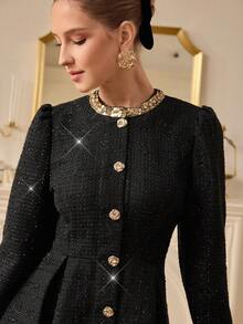 Aveloria Rosie Robe mini en tweed à manches longues et col rond avec décoration de diamants noirs classique