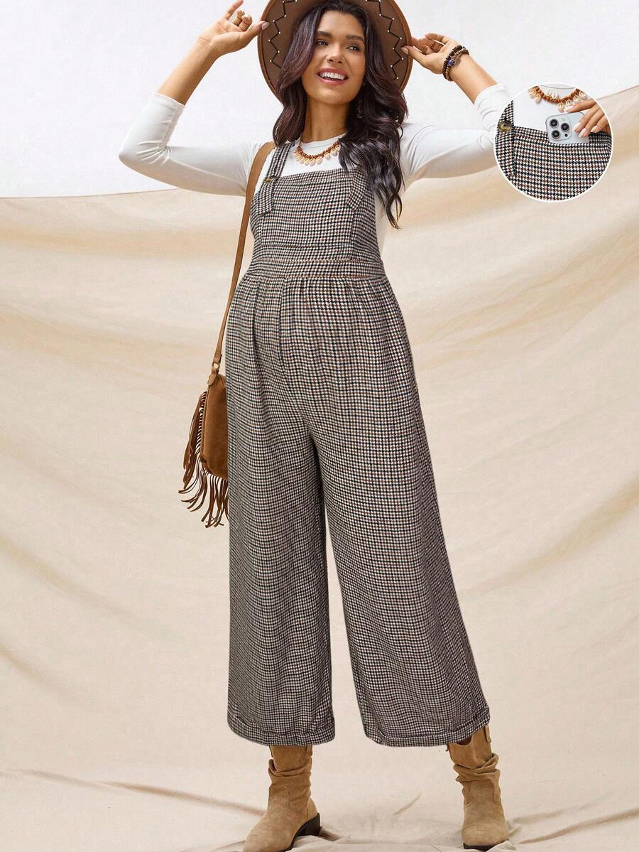 Boho Mama Macacão casual de maternidade com estampa pied-de-poule CL1607 - Castanho - Ver 1