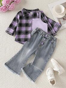 SHEIN Playful Pals 3件套女婴时尚别致套装：格子长袖衬衫+背带短款露脐上衣+喇叭牛仔裤休闲套装 - 紫色 - 查看 1