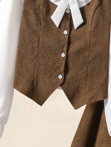 Teen Girl Butterfly Decor Contrast Color Long Sleeve T-Shirt And Solid Color Mini Skirt Vintage Set - Brown - View 8