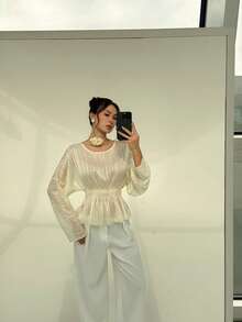 Aloruh Women's Summer Elegant Batwing Sleeve Pullover Top, Round Neck, Loose Fit, Waist-Cinching Design, Stylish And Elegant Shirt, Elegant Beach Top, Sheer Cover-Up - Beige - View 4