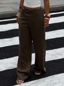 SHEIN EZwear Women's Coffee Brown Metal Buttonhole Casual Versatile Wide-Leg Pants, Autumn Women's Clothing,Fall,Fall Clothes For Women - Coffee Brown - View 4