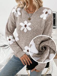 EMERY ROSE Women's Casual Fluffy Flower Pattern Round Neck Drop Shoulder Long Sleeve Knit Pullover Sweater, Autumn/Winter - Mocha Brown - View 1