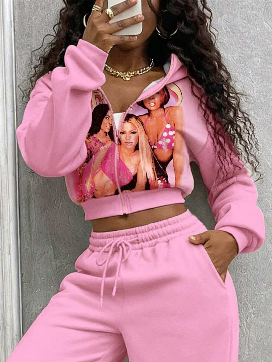 Rovax Women's Printed Long Sleeve Cropped Zip-Up Sweatshirt - Pink - View 1