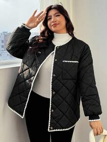 SHEIN EZwear Áo khoác chần bông màu trắng tương phản thời trang thường ngày cỡ lớn có túi - màu đen - Xem 4