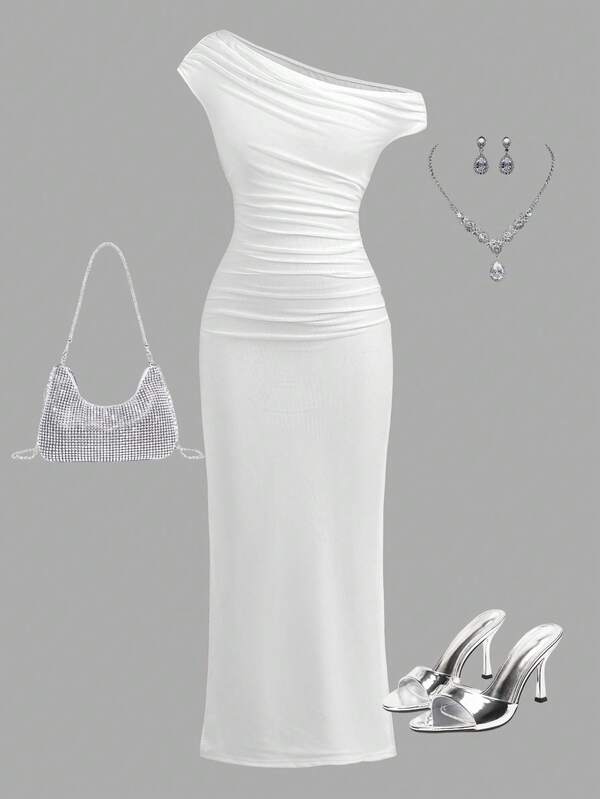 Girlism Vestido de niña preadolescente de tul con pliegues elásticos, vestido maxi de punto de unicolor con cuello asimétrico y cintura fruncida, elegante y casual, adecuado para fiestas de Halloween, atuendo de vuelta al colegio, reuniones y salidas