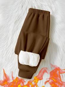 SHEIN Tween Boy Solid Color All-Match Casual Fleece Sweatpants - Camel - View 4