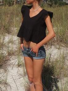 Sydney Algeri WYWH  Women Vacation Peplum Butterfly Sleeve Ruffle Hem Black Top - Black - View 4