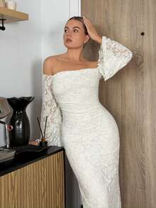 Bethéva Vestido ajustado de encaje de flores de malla con hombros descubiertos, estilo vintage elegante de punto jacquard para mujer. Atuendo casual para vacaciones, fiestas, verano. Vestido blanco de verano para mujer. Vestido de fiesta, cumpleaños, boda, Pascua, primavera. - Albaricoque - Ver 5