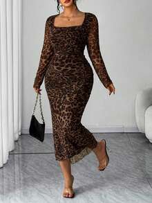 Elenzga Plus Size Leopard Print U-Neck Long Sleeve Ruched Waist Elegant Bodycon Cocktail Dress, Suitable For Work And Party, Autumn/Winter