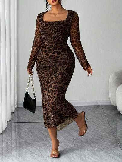 Elenzga Plus Size Leopard Print U-Neck Long Sleeve Ruched Waist Elegant Bodycon Cocktail Dress, Suitable For Work And Party, Autumn/Winter